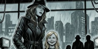 A mysterious woman in a hat stands with a smiling girl in a rainy cityscape.