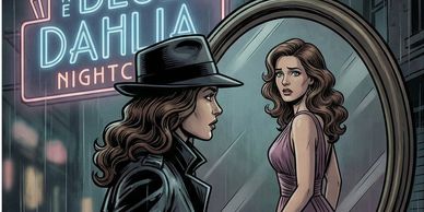 Detective Anne Manx looks into a mirror reflecting a woman in a mauve dress.