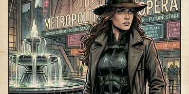 A determined woman in a trench coat stands near a fountain outside the Metropolis Opera.