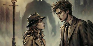 A tense confrontation between a man and a woman with a shadowy monster behind them.