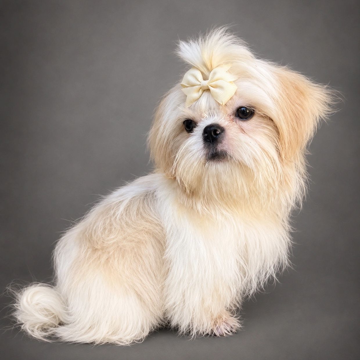 Small fluffy dog with a cream-colored bow.