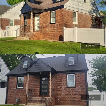 Before and after photos showing a renovated brick house with a new gutter installation, or gutter replacement.