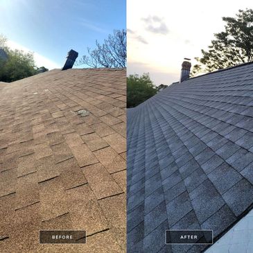 Side-by-side comparison of a roof before and after roof replacements.