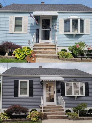 Before and after photos of siding replacement & siding Installation, show a house exterior with updated siding and shutters.