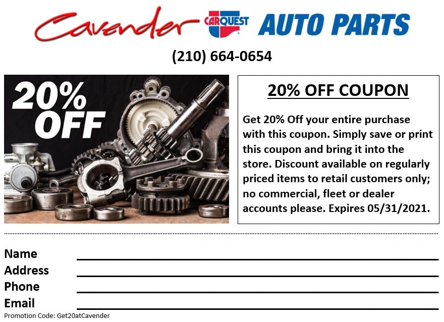 20% off coupon for auto parts at Cavender Carquest.