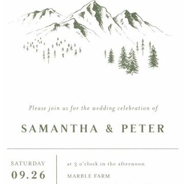 Wedding invitation with mountain and tree design.
