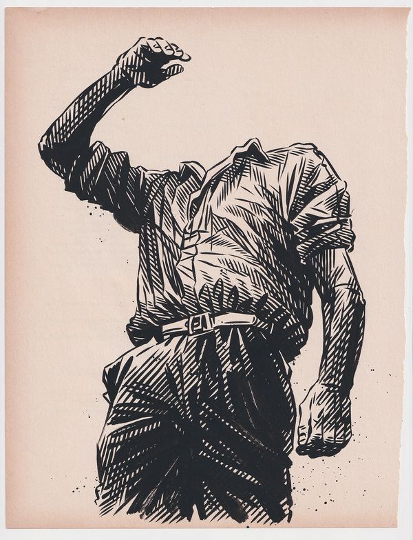 Ink drawing of a headless person in a shirt and pants with one arm raised.