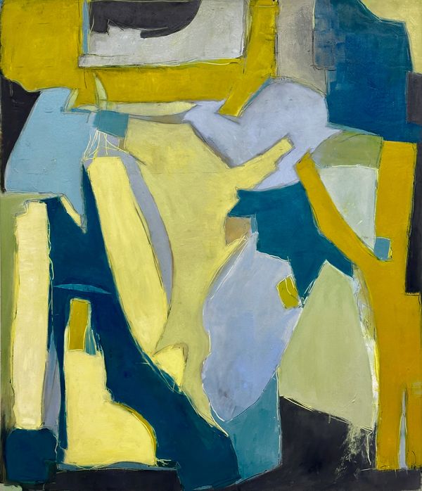 Abstract painting with bold shapes in yellow, blue, and grey tones.