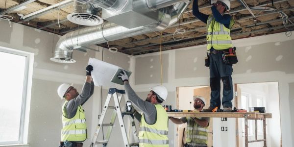Construction workers installing ceiling ducts.