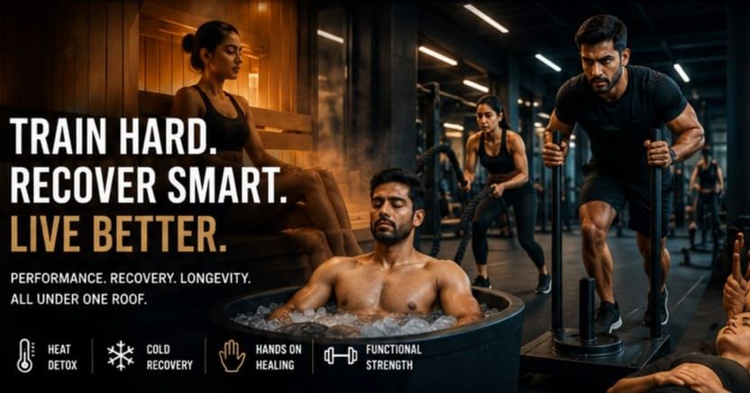 Athletes training hard and recovering smart with ice bath and workouts in a gym.
