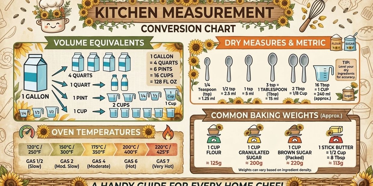 Kitchen measurement conversion chart with volume, dry measures, oven temperatures, and baking weights.