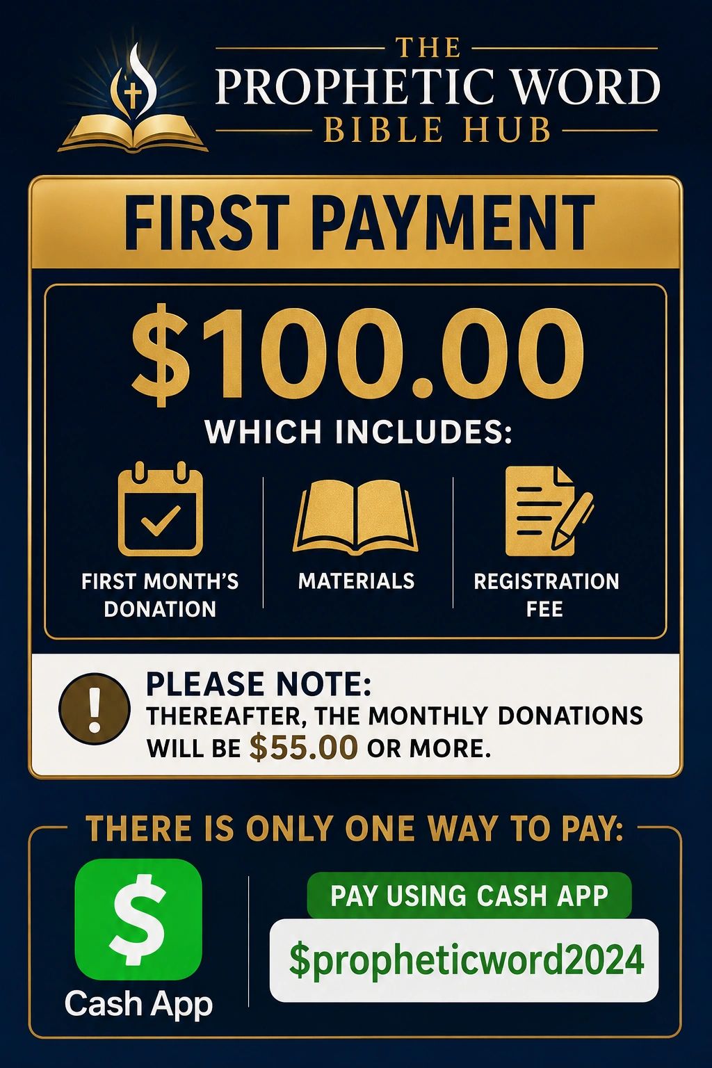 Payment details for The Prophetic Word Bible Hub via Cash App.