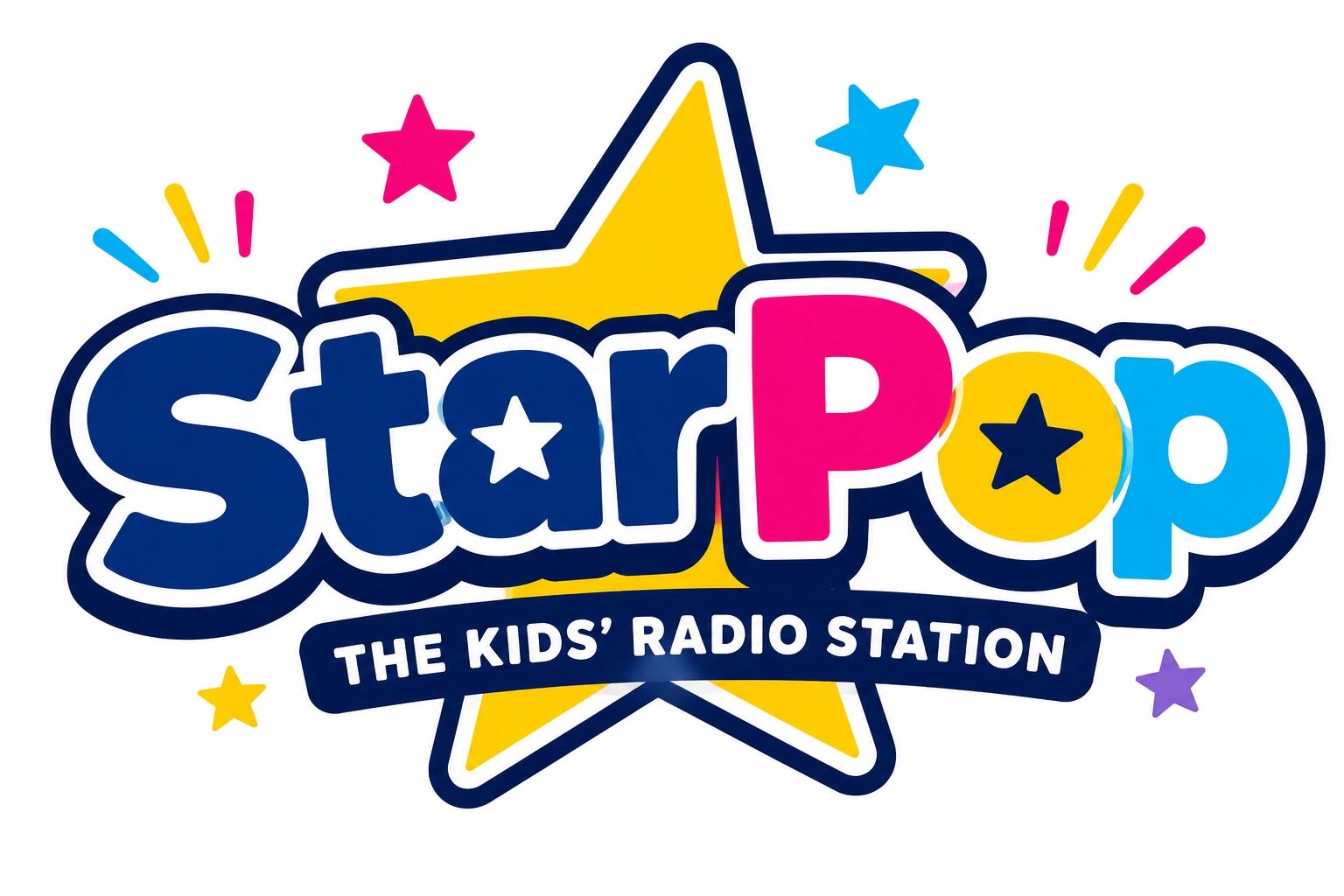 Colorful StarPop logo for a kids' radio station with stars and playful text.