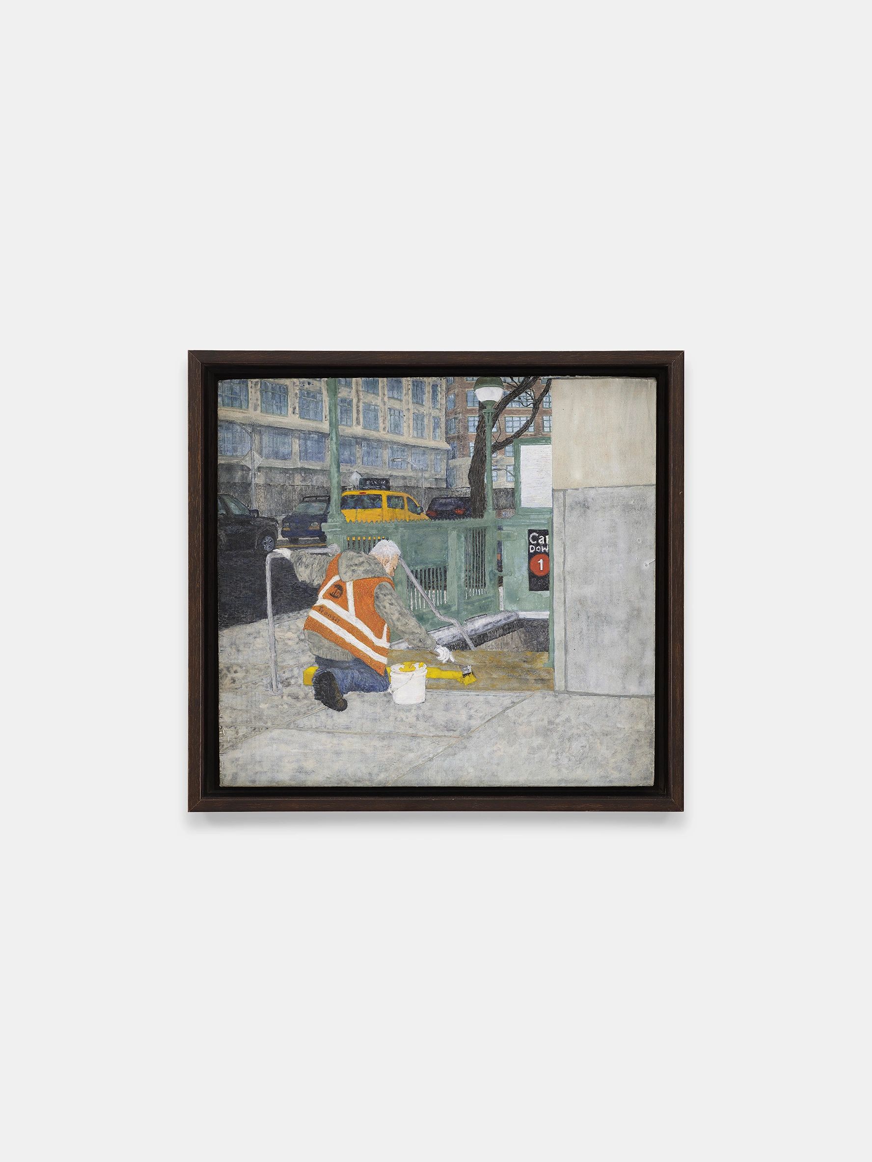 Painting of a worker in an orange vest painting a subway entrance in a city.