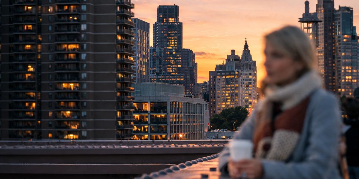 Woman with a scarf holding a cup against a city sunset backdrop.