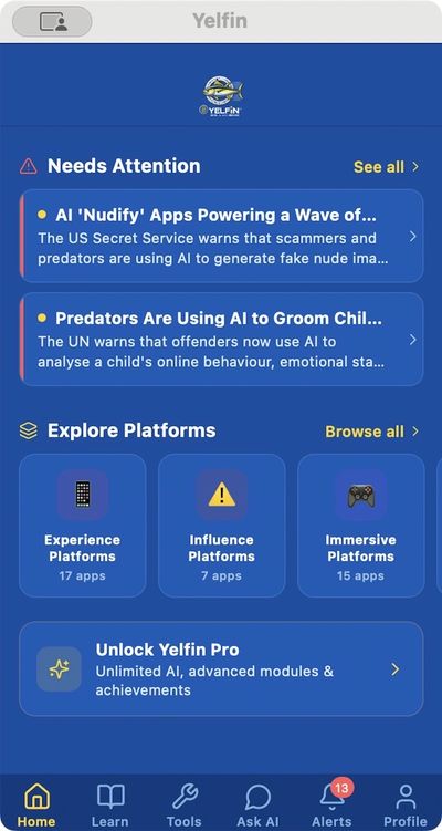 Actual YELFiN app home screen with platform links and learning tools, captured 1 October 2026.
