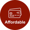 Icon of credit cards with the word Affordable below on a red circle.