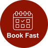 Icon of a calendar with a checkmark and text 'Book Fast' on red background.