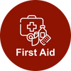 First Aid symbol with medical supplies on a red circular background.