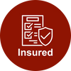 Icon showing insured checklist and shield on red background.