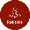 Icon representing reliability with a person, stars, and a check mark on a red circle.
