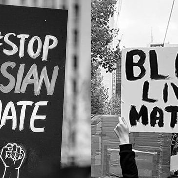 Split screen of black and white photos featuring "Stop Asian Hate" and "Black Lives Matter".