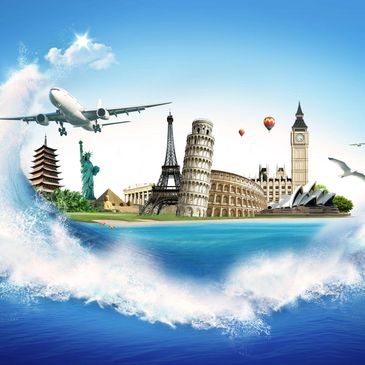 Iconic world landmarks with an airplane and ocean wave.