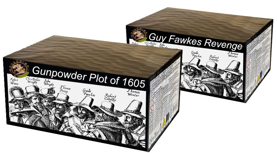 Image of two large SIB fireworks, Sussex Guy Fawkes Revenge and Gunpowder Plot of 1605