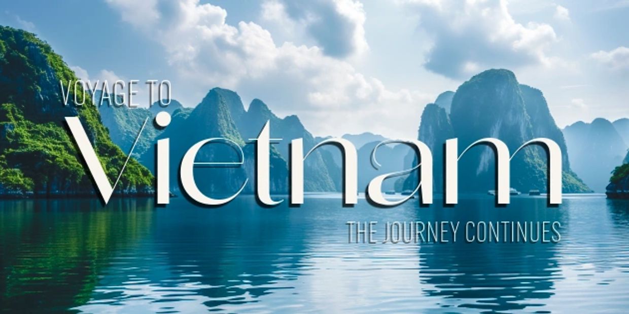 Scenic view of Vietnam's limestone islands with text overlay.