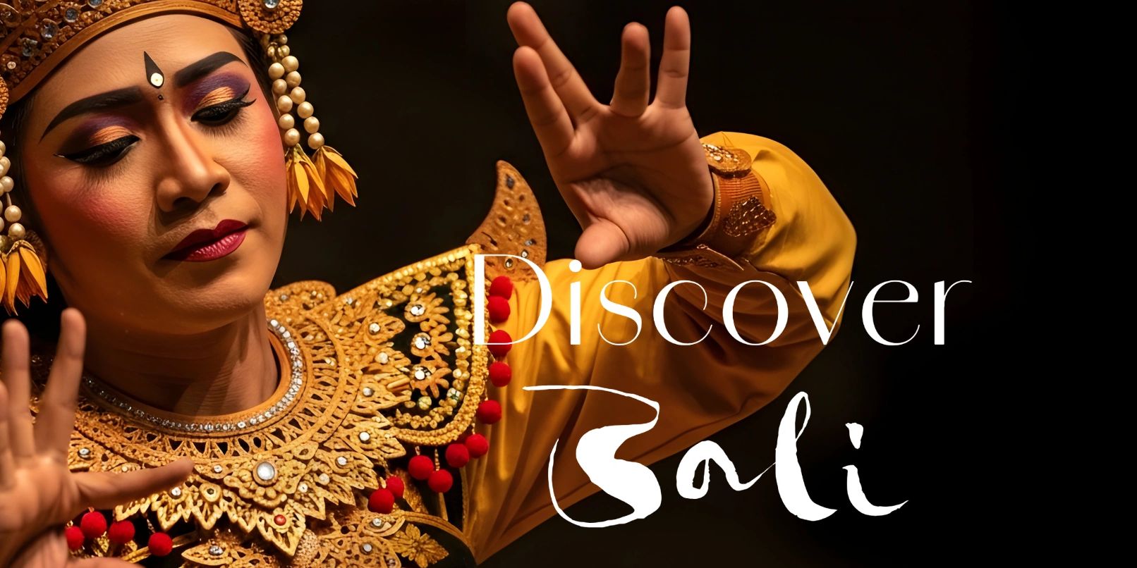 Traditional Balinese dancer in intricate costume with 'Discover Bali' text overlay.