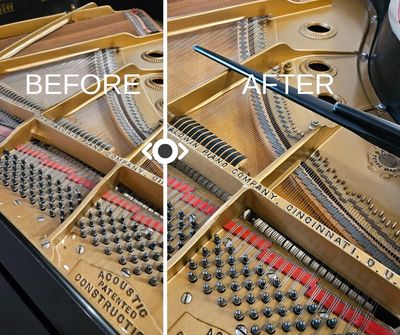 Before and after photo of a grand piano cleaning.