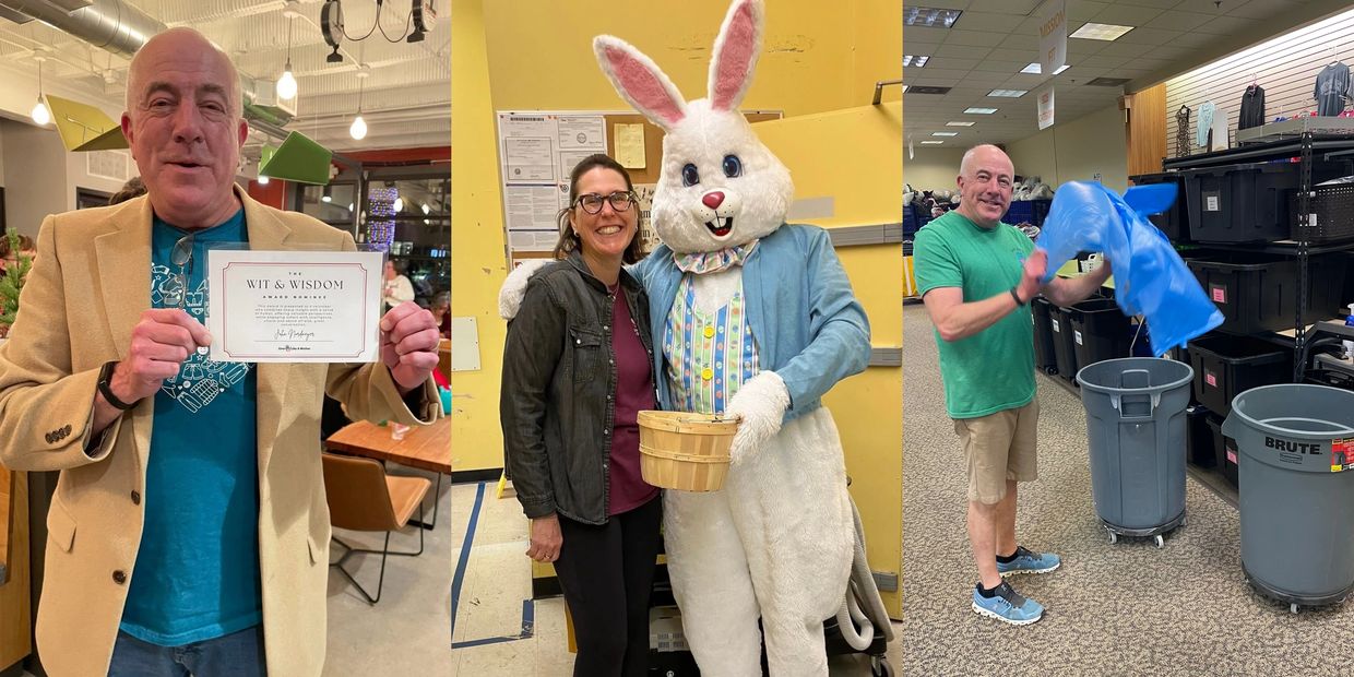 Man holding a certificate, woman with Easter Bunny, man sorting recycling bins.
