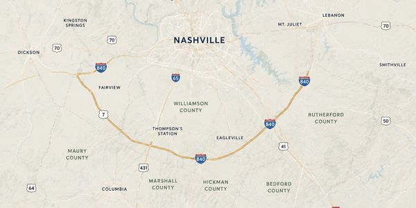 A map showing Nashville and surrounding counties with highways and roads.
