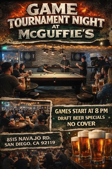 Game Tournament Night at McGuffie's with draft beer specials and no cover charge.