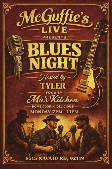 Poster for McGuffie's Live Blues Night featuring live music and home-cooked food.