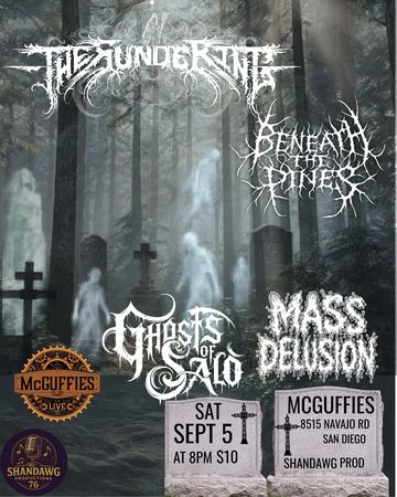 Heavy metal concert poster with spooky ghostly forest and band logos.