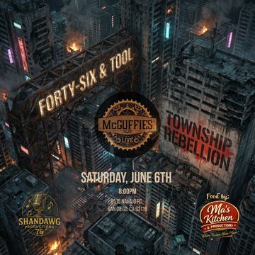 Dystopian cityscape with event details for Township Rebellion live at McGuffies on June 6th.