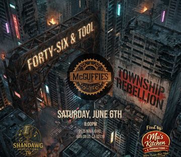 Dystopian cityscape with event details for Township Rebellion live at McGuffies on June 6th.