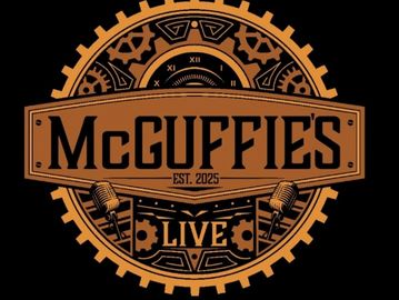 Logo of McGuffies Live with vintage microphone and gears.