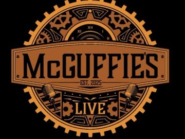 Logo of McGuffies Live with vintage microphone and gears.