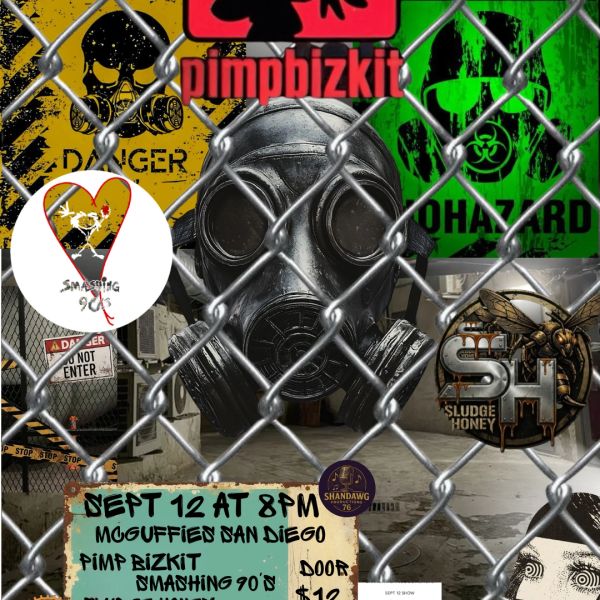 Grungy concert poster featuring gas mask, biohazard, and punk aesthetics.