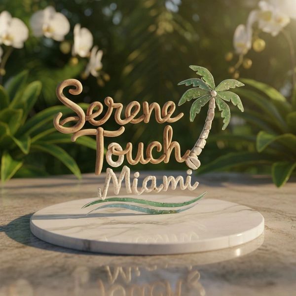 Rustic sign saying 'Serene Touch Miami' with a palm tree and waves on a marble base.