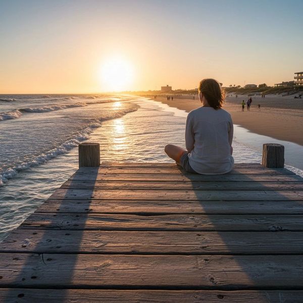 Person sitting on a wooden pier watching the sunset over the ocean.