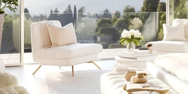 Bright modern living room with white furniture and large windows overlooking mountains.