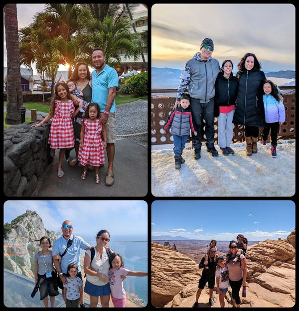 Family on diverse vacations: tropical, snowy, coastal, and desert.