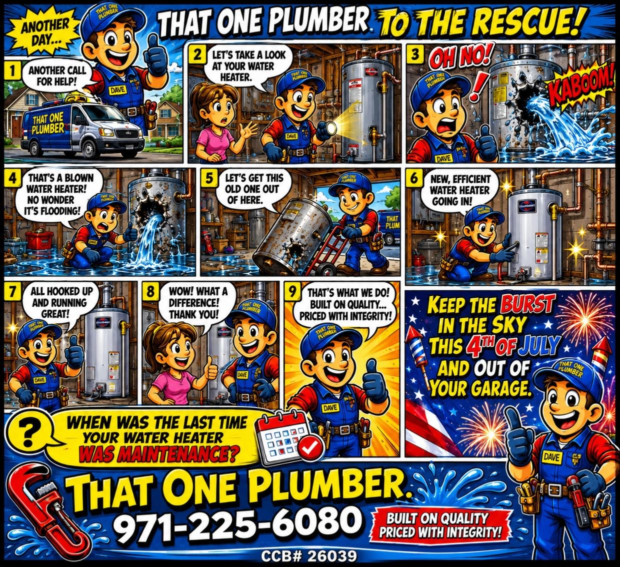 Comic-style ad shows plumber Dave fixing a broken water heater.