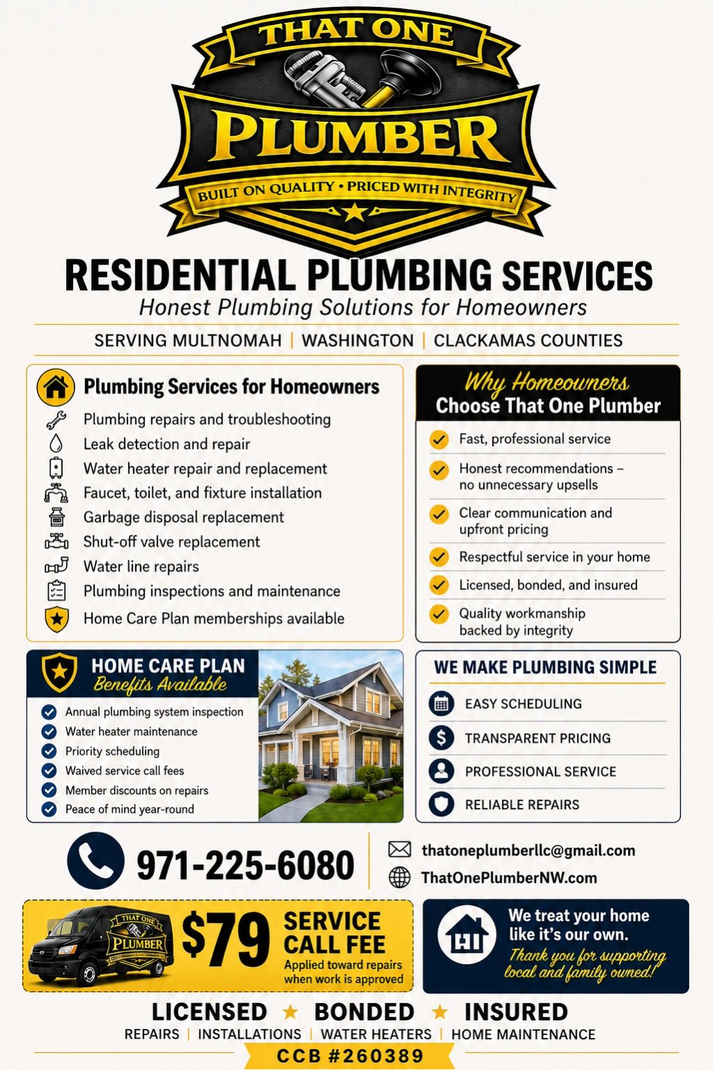 Advertisement for That One Plumber offering residential plumbing services in Multnomah, Washington, and Clackamas counties.