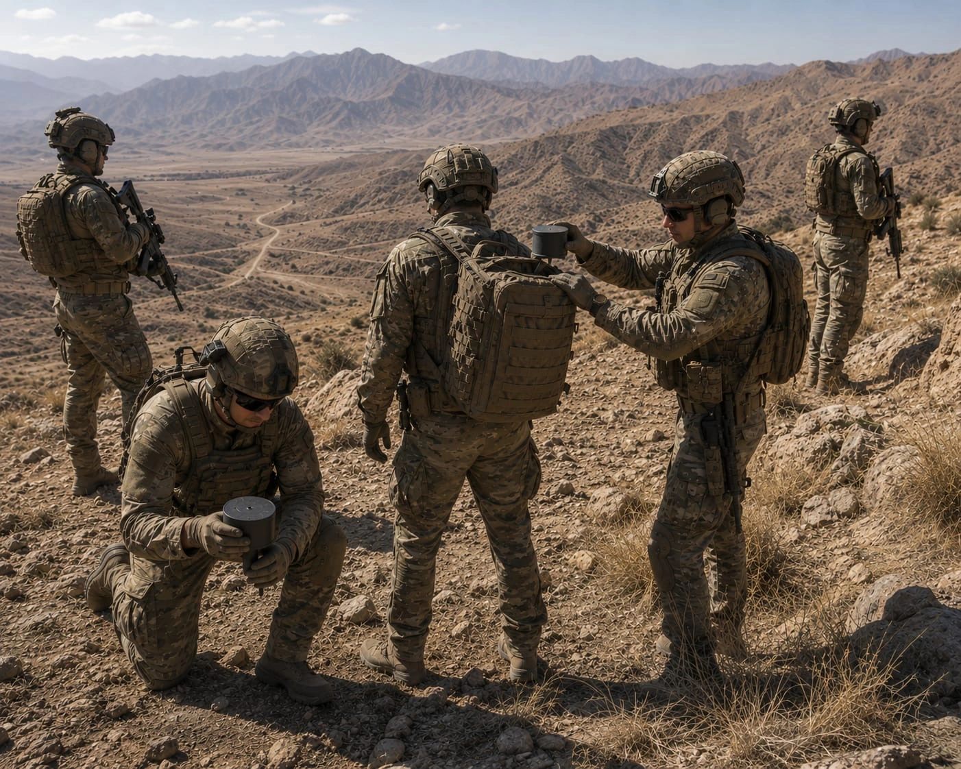 Soldiers in combat gear overlooking a mountainous valley.