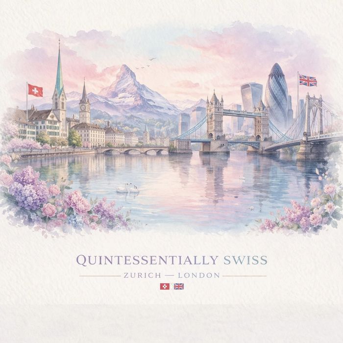 A serene blend of Zurich and London landmarks with gentle pastel tones and floral borders.