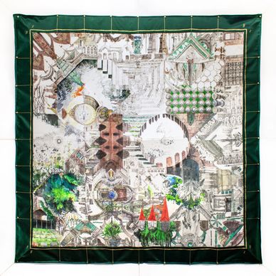 A colorful, intricately designed scarf with architectural and nature motifs.